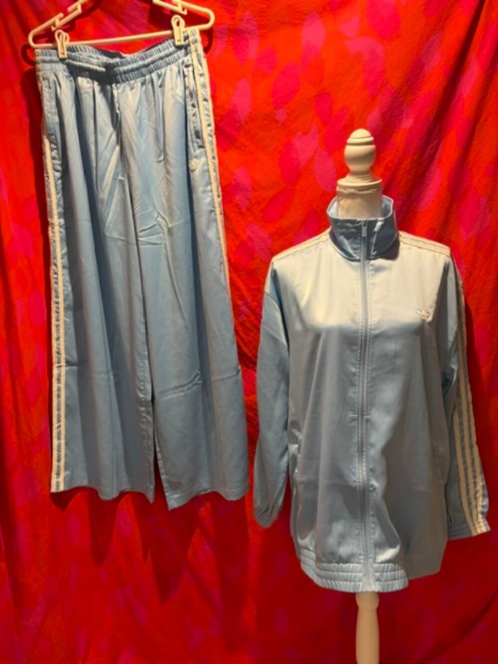 Sky Blue Adidas Three Ruffle Stripes Satin Tracksuit New With Tags Size Large